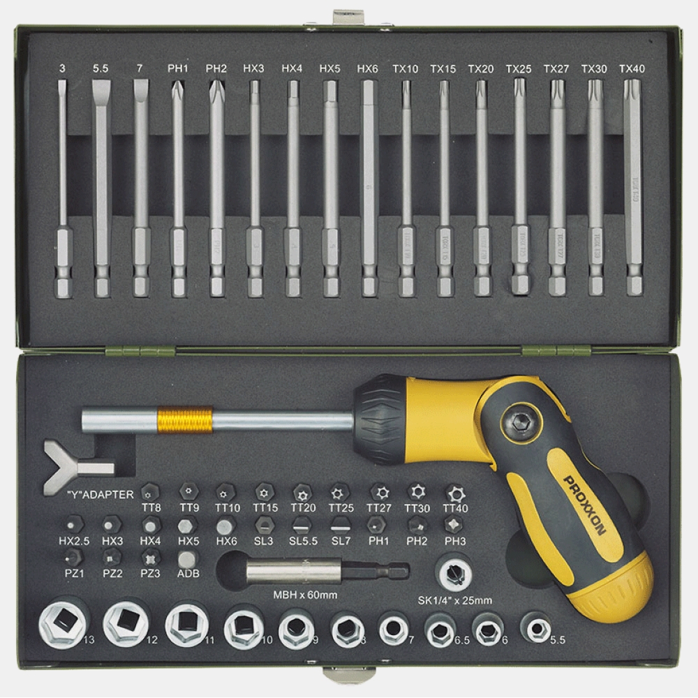 Proxxon 54-tlg. Werkzeuge knickbarem | - Dittmar Maschinen mit Schraubersatz, | und | | Proxxon Schraubendreher 23104 Werkzeuge Ratschen-Schraubendreher.,